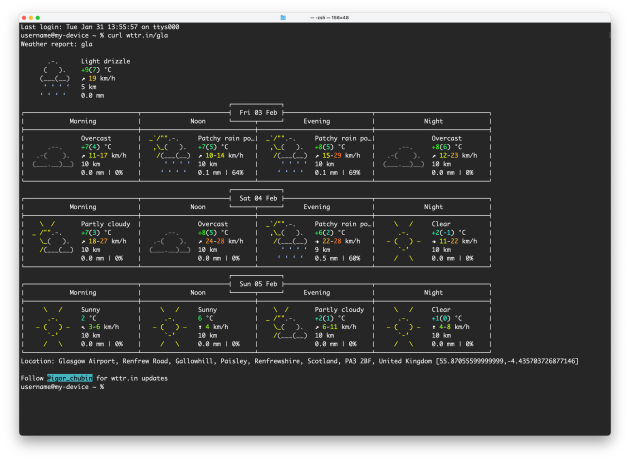weather forecast shown in the terminal. white text on black background.